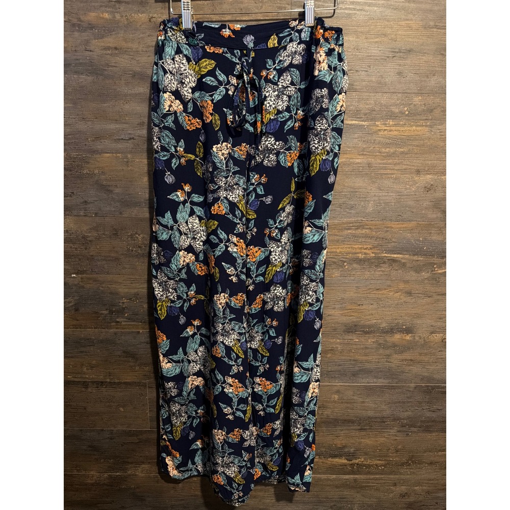 Angie Women Navy Floral Print Wide Leg Rayon Pants Elastic Waist Size Large